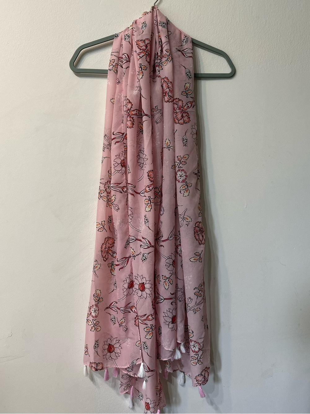 Pink Floral Scarf Lightweight Semi Sheer Wrap Pink White Tassel Trim Boho Shawl